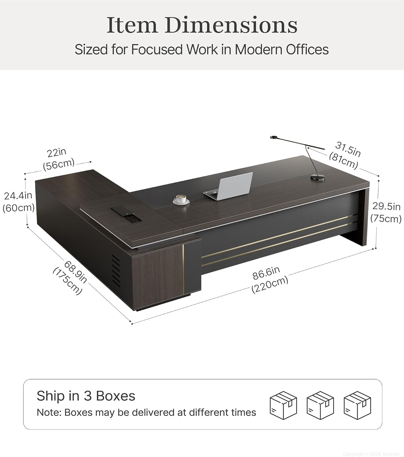 USB Charging Reversible L-Shaped Executive Desk