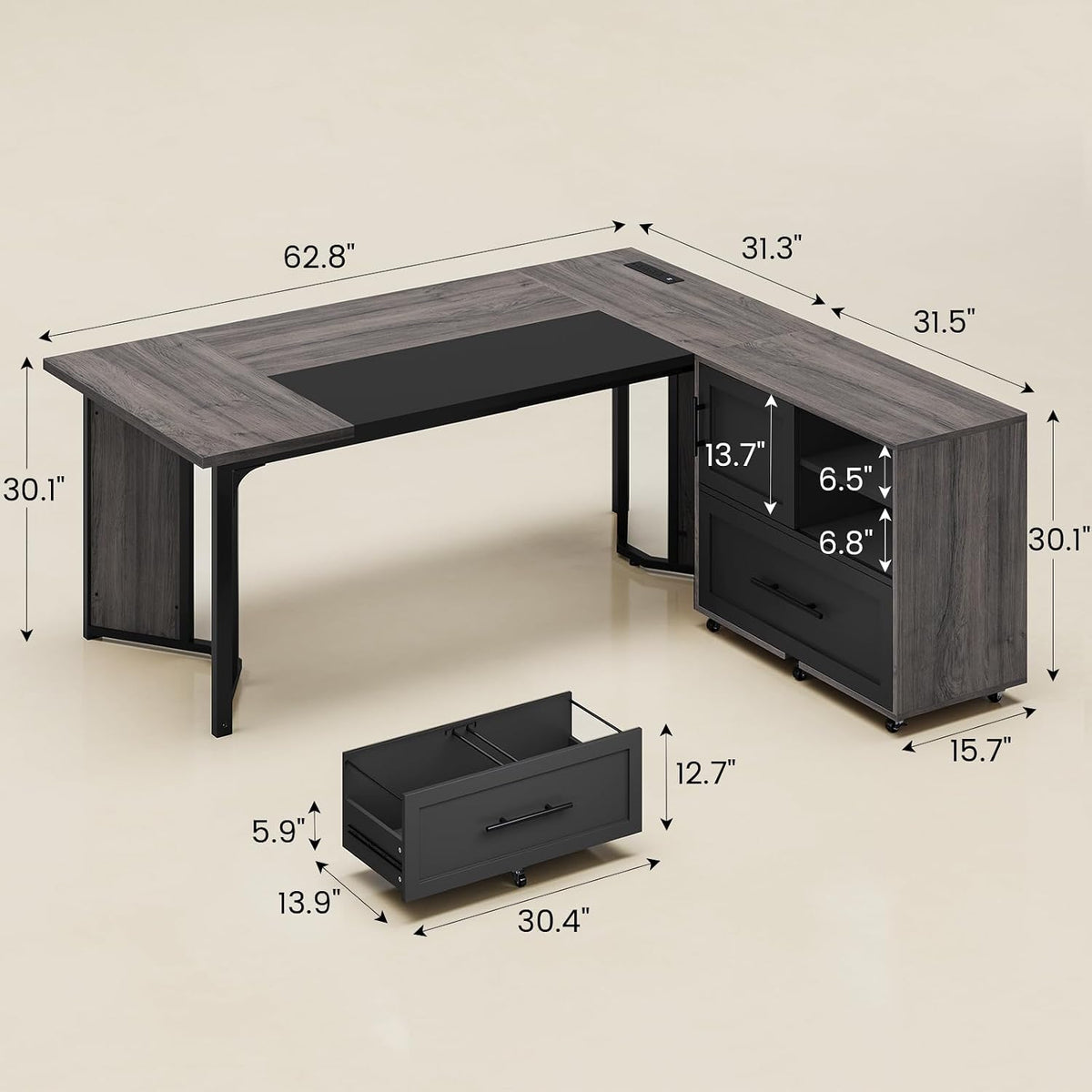 Storage L-Shaped Power Outlet Executive Desk Set