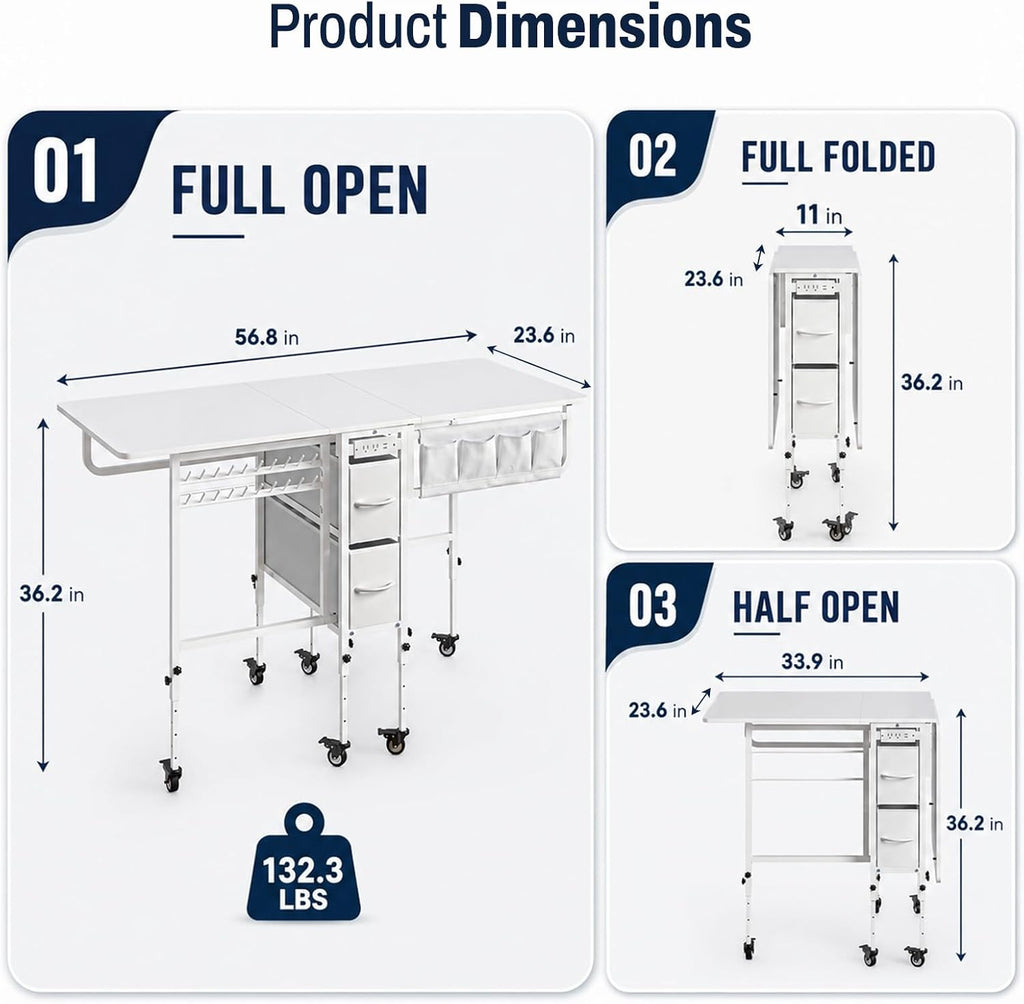Wheeled Foldable Charging Adjustable Sewing Table