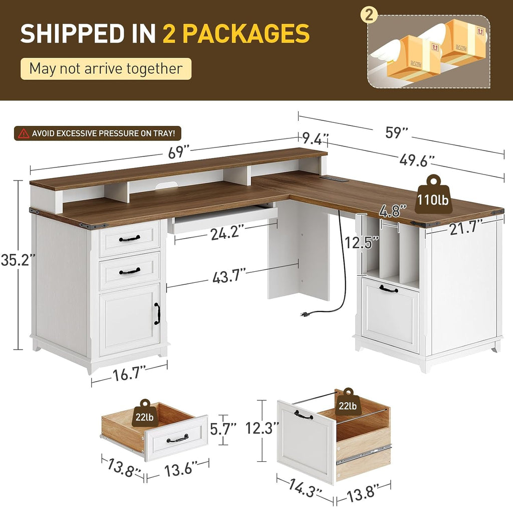 Farmhouse Charging L-Shaped Executive Desk Set