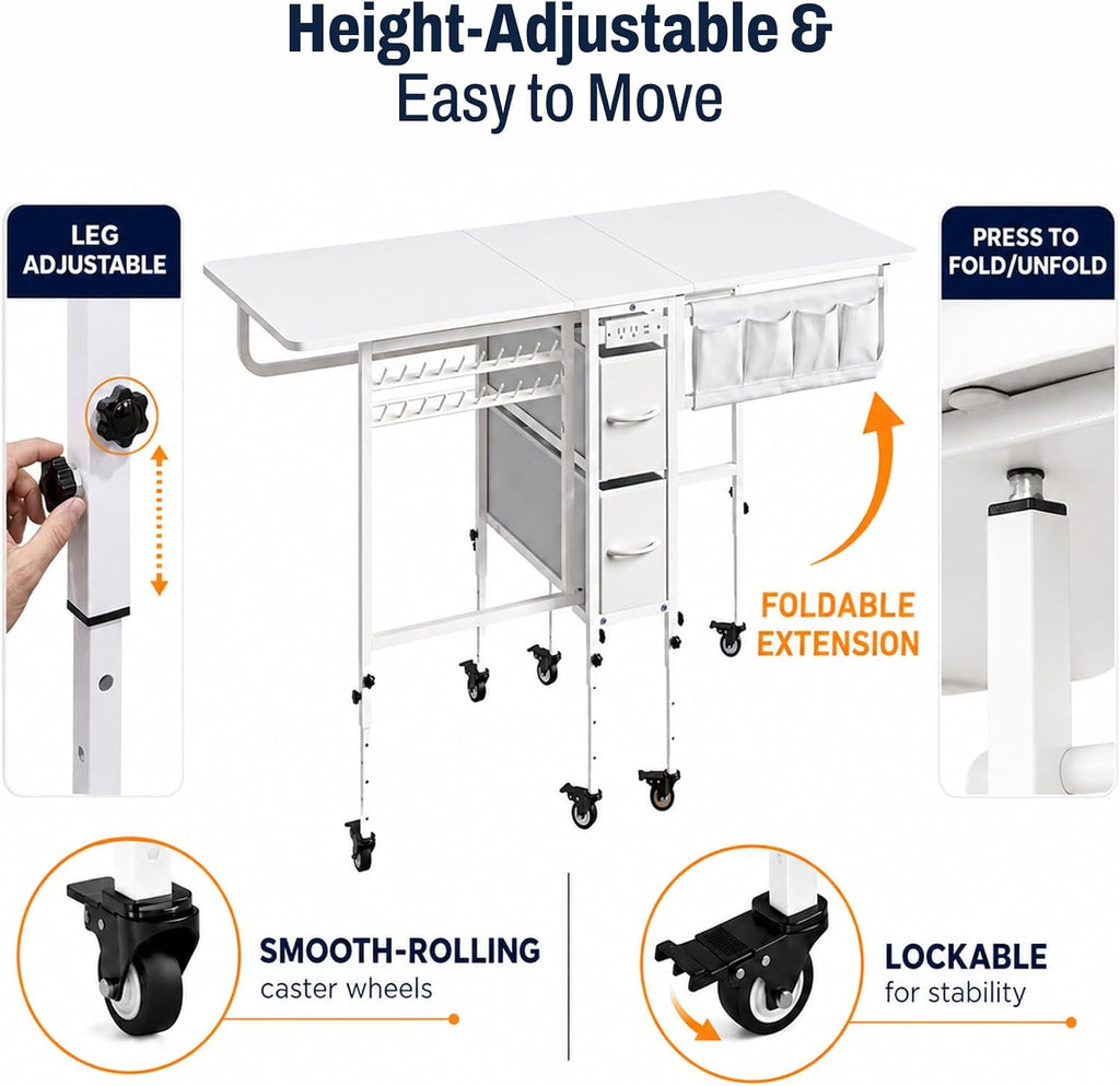 Wheeled Foldable Charging Adjustable Sewing Table