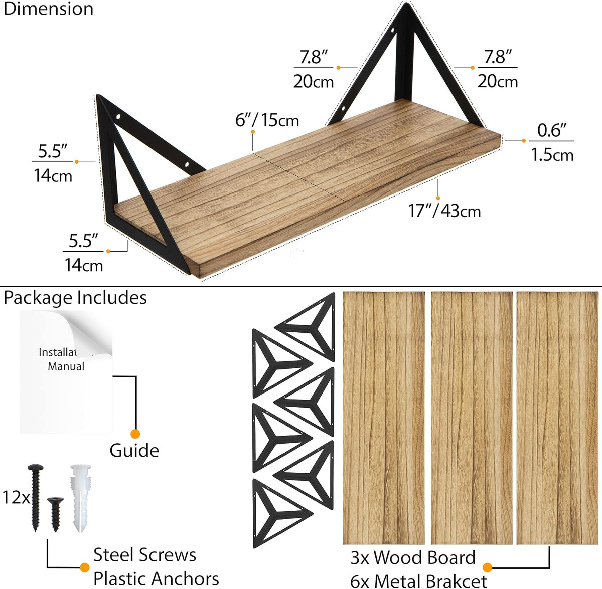 Rustic Wood Metal Floating Wall Shelves