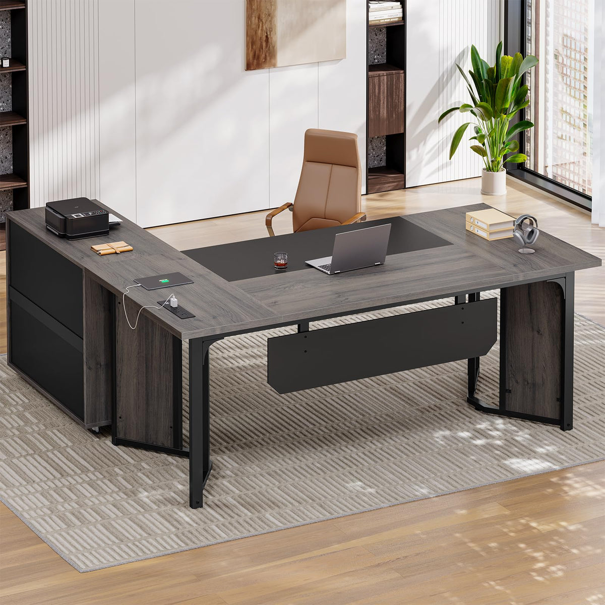 Storage L-Shaped Power Outlet Executive Desk Set