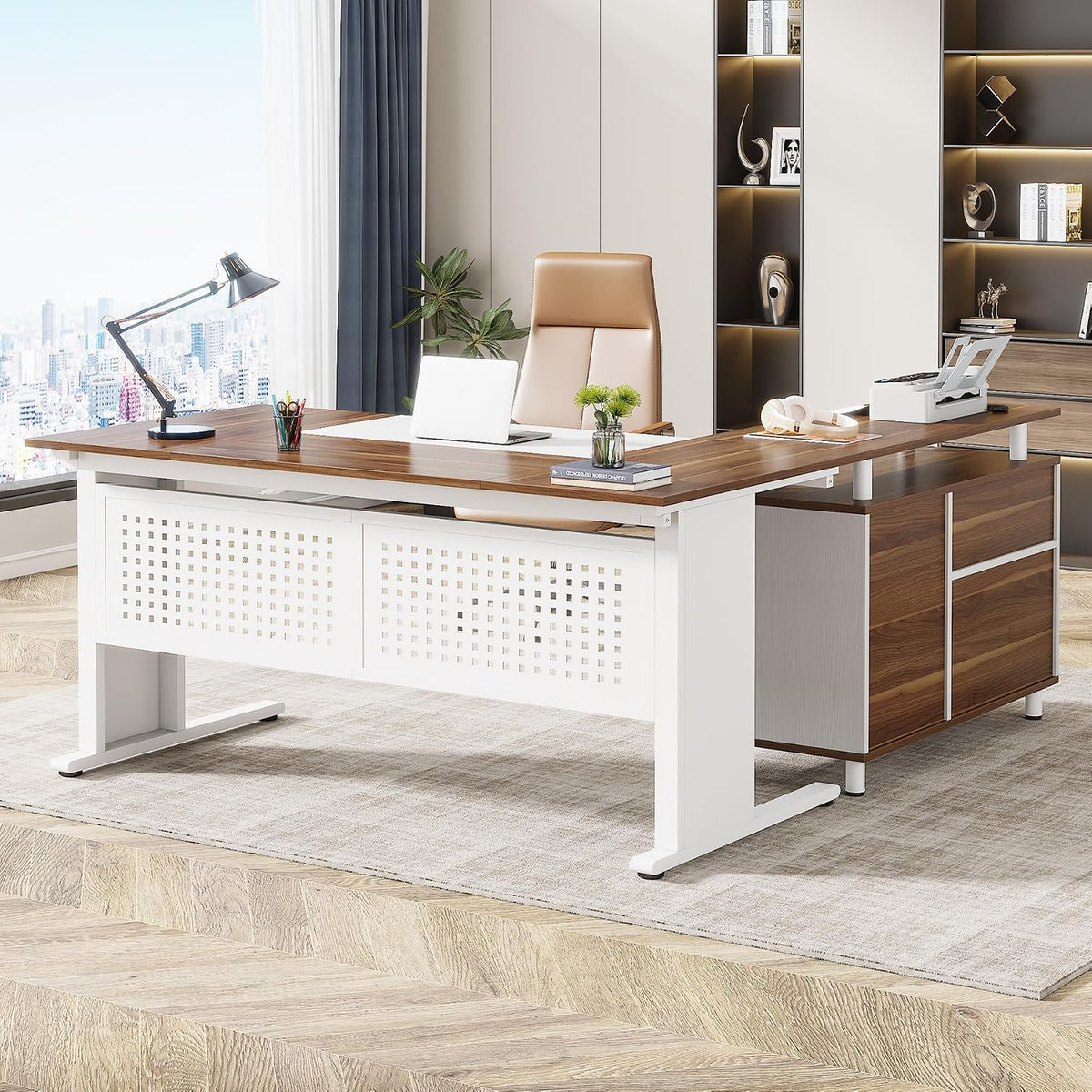Storage L-Shaped Executive Desk Cabinet Set