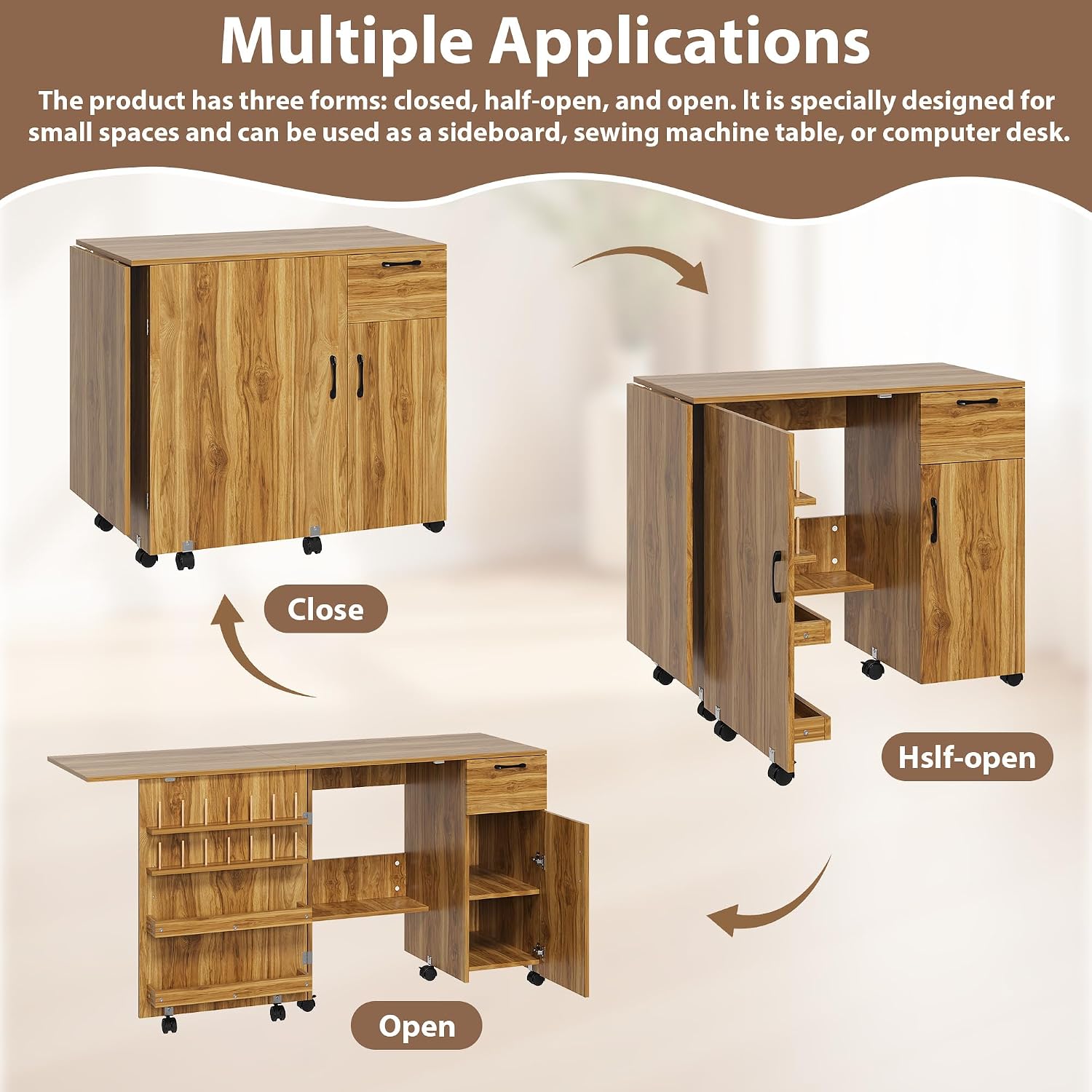 Rolling Foldable Pegboard Storage Sewing Table