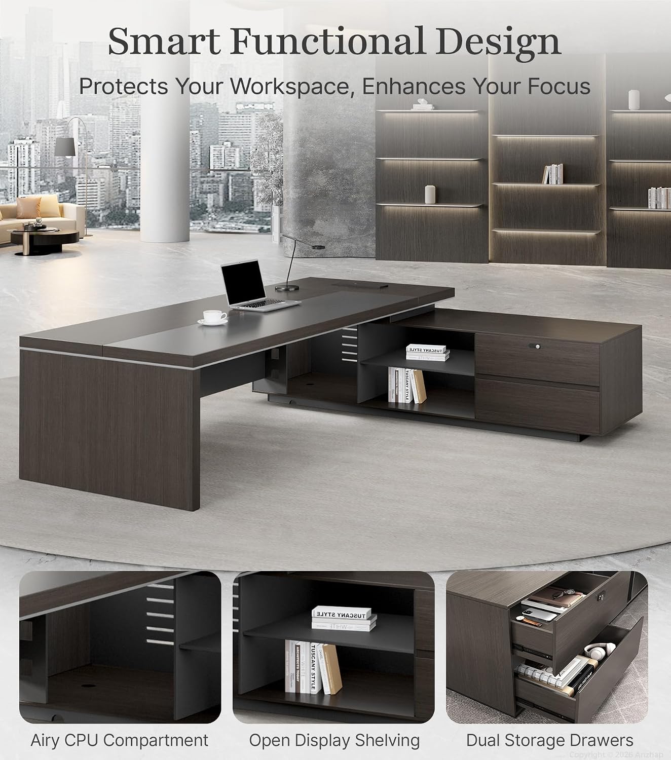 USB Charging Reversible L-Shaped Executive Desk