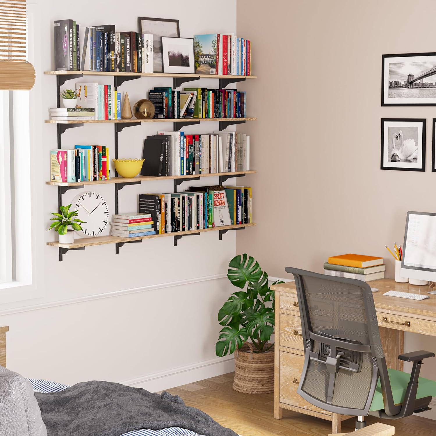 Adjustable Burnt Long Floating Wall Bookshelf