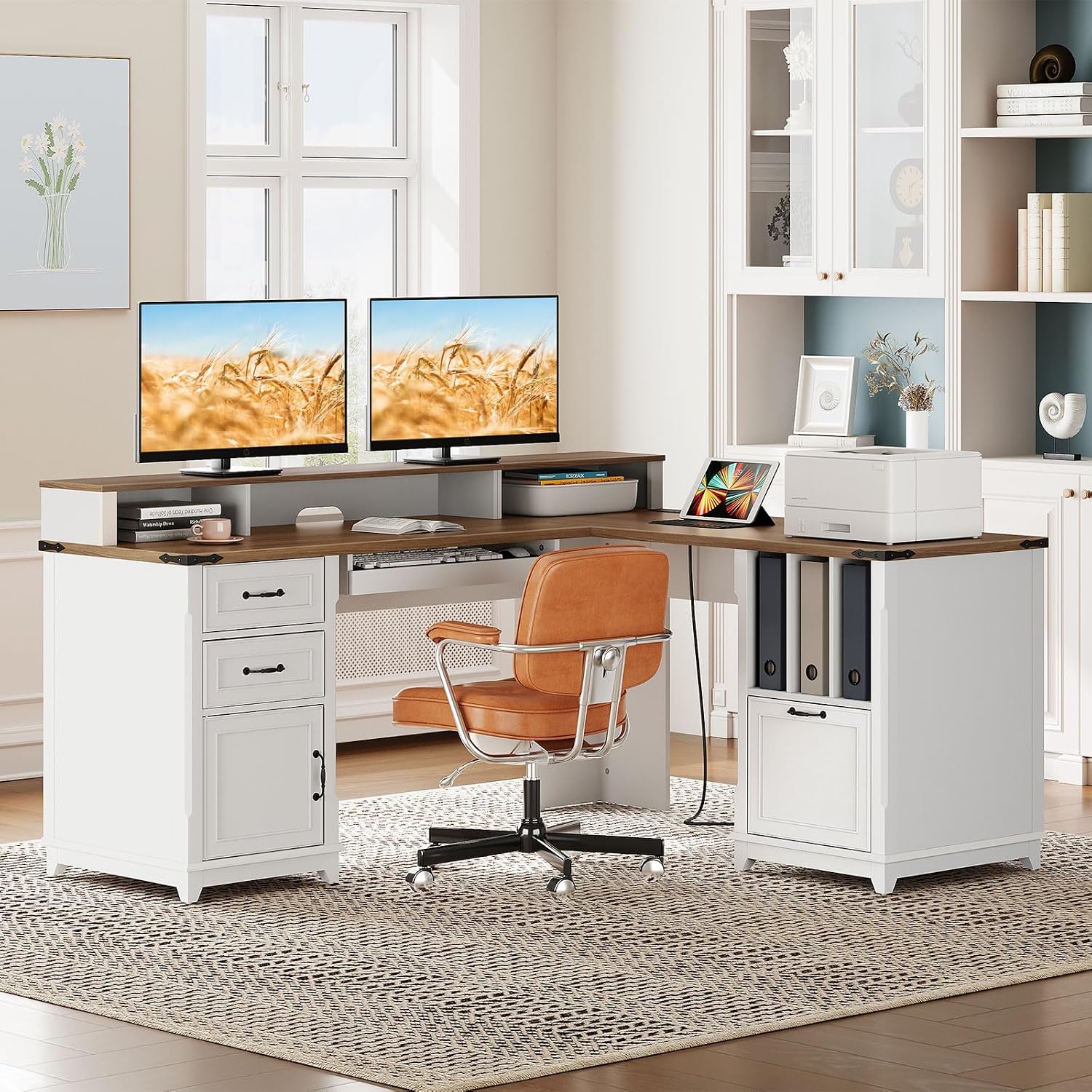 Farmhouse Charging L-Shaped Executive Desk Set
