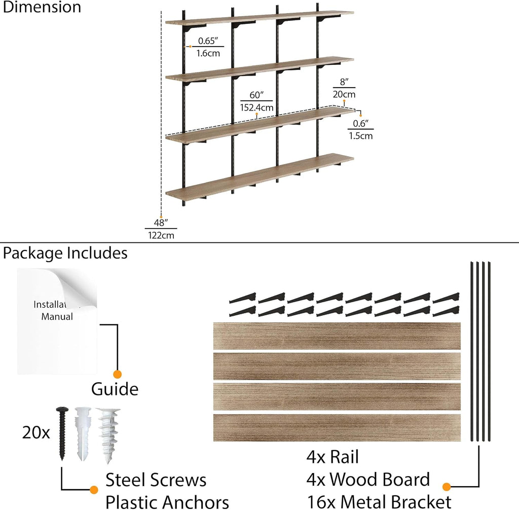 Adjustable Burnt Long Floating Wall Bookshelf