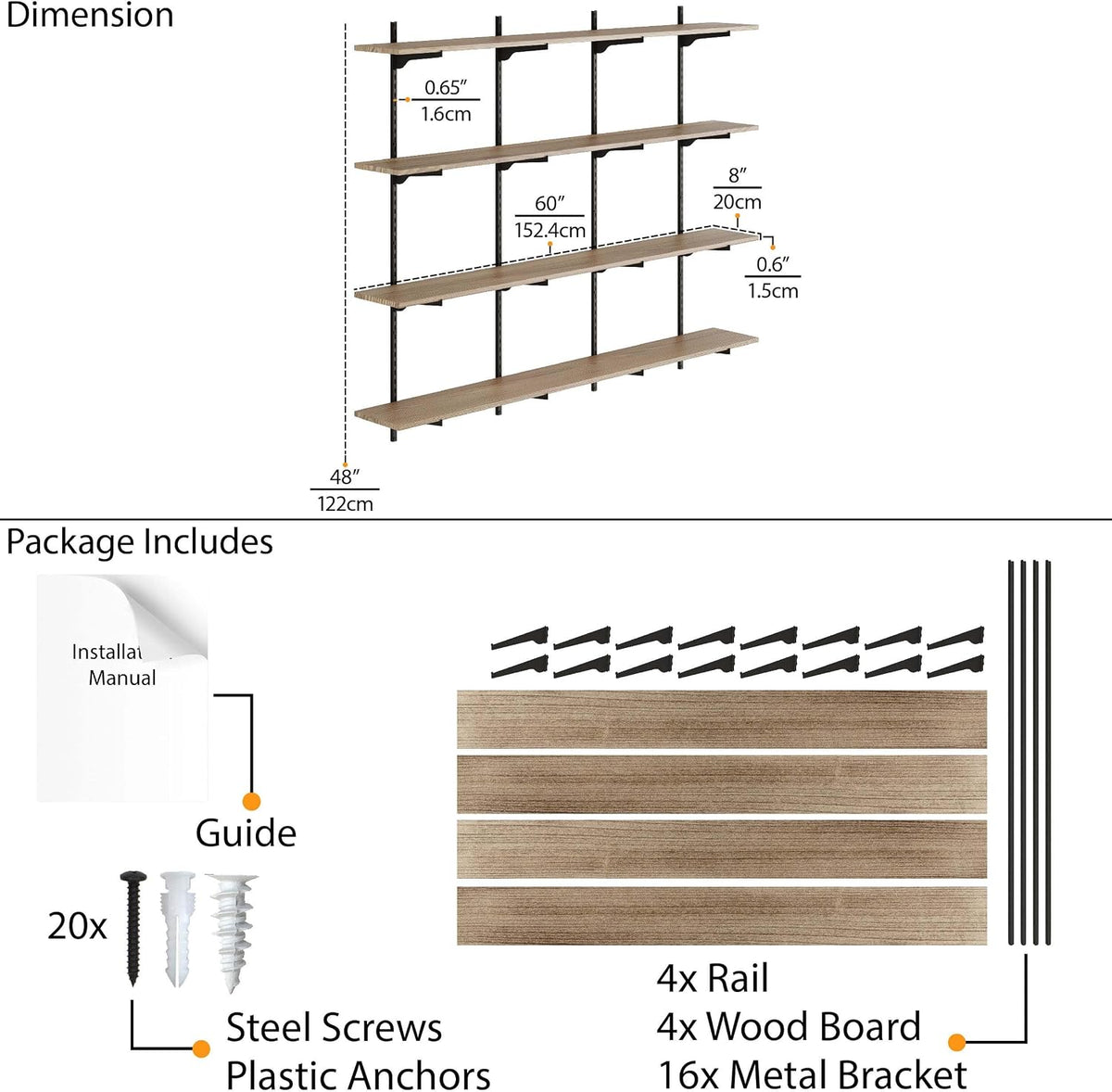 Adjustable Burnt Long Floating Wall Bookshelf