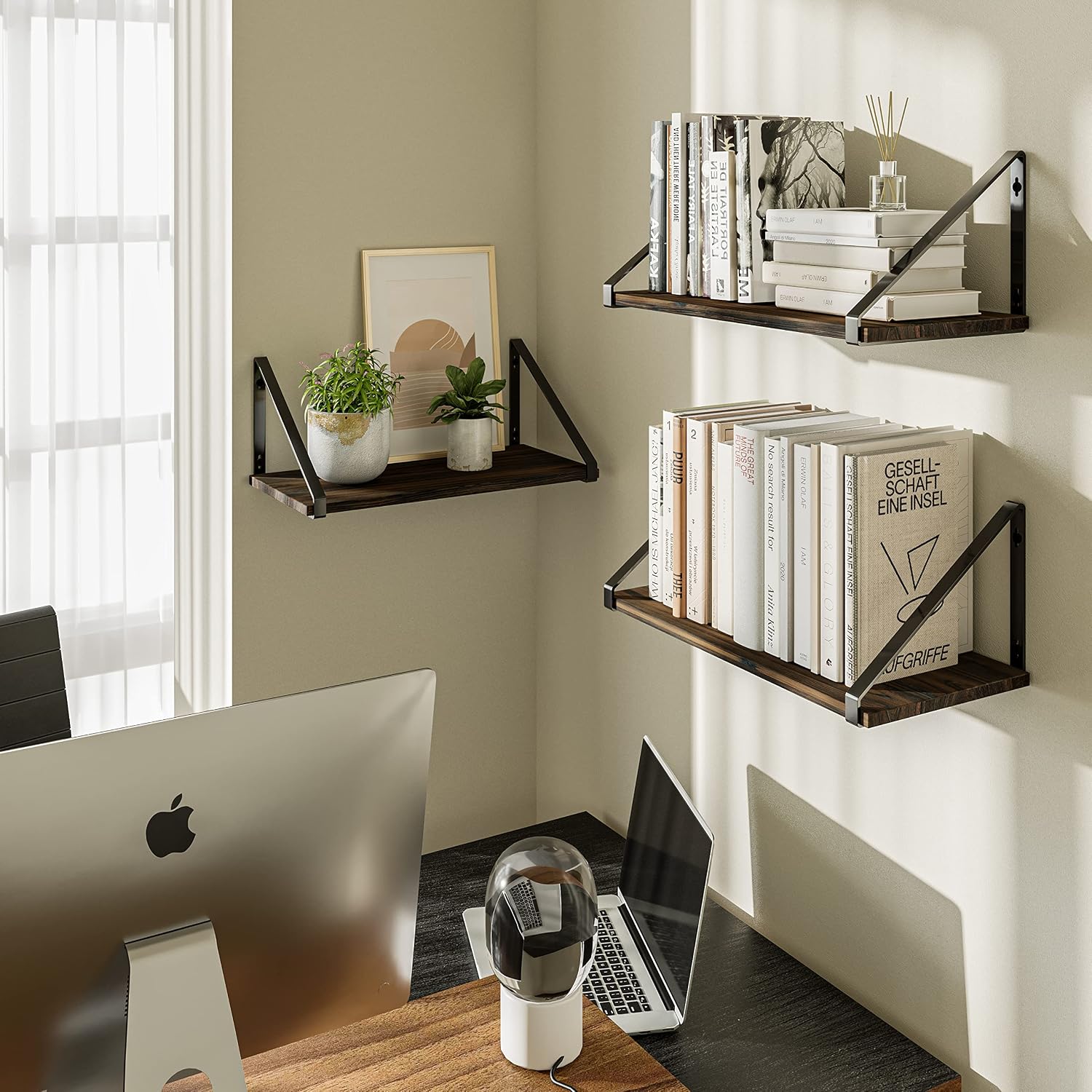 Rustic Wood Metal Wall Floating Shelves