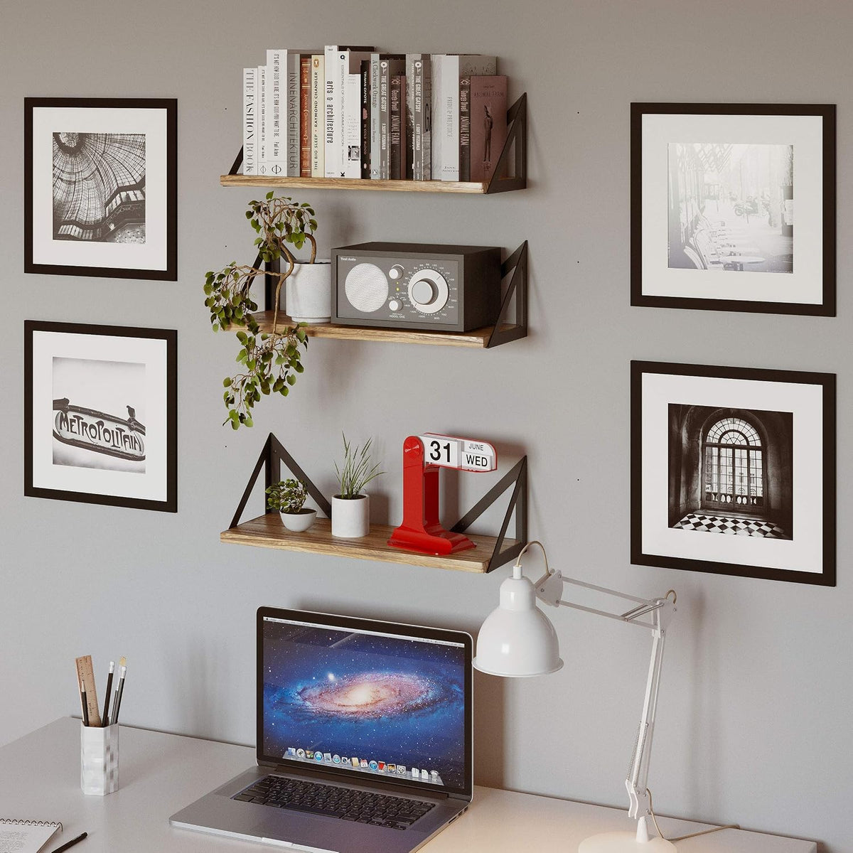 Rustic Wood Metal Floating Wall Shelves