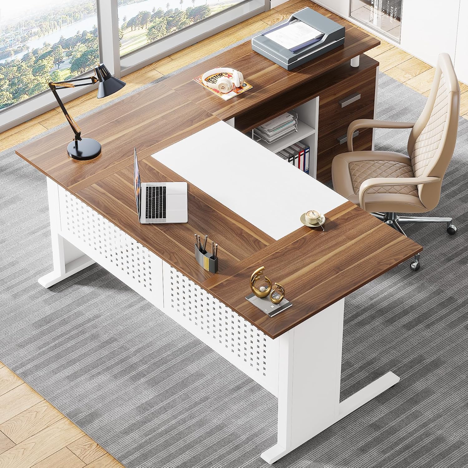 Storage L-Shaped Executive Desk Cabinet Set